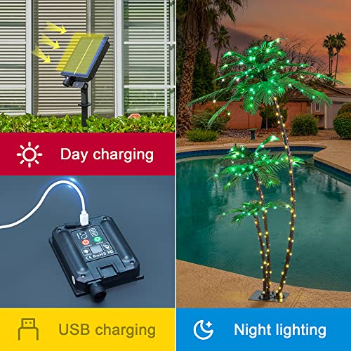 LIGHTSHARE 6FT Solar Lighted Artificial Palm Tree with 3 Trunks & 203LED for Indoor & Outdoor Decoration