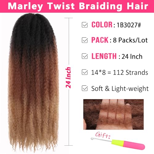 24 Inch Ombre Marley Twist Braiding Hair - 8 Packs, Pre-Fluffed & Easy to Style