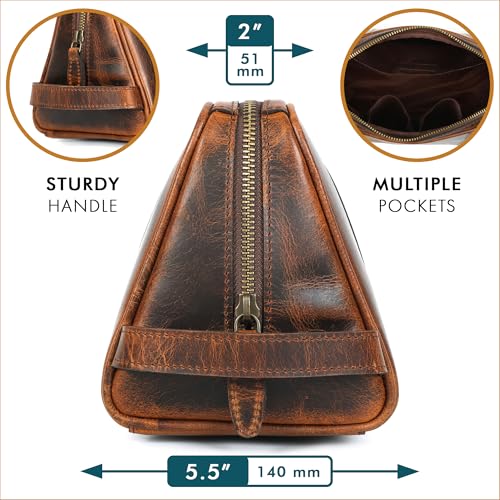 ELIZO Premium REAL Leather Toiletry Bag for Men Dopp Kitt Hanging Mens Toiletry Large TSA Toiletries Bag Shaving Grooming Bag Organizer