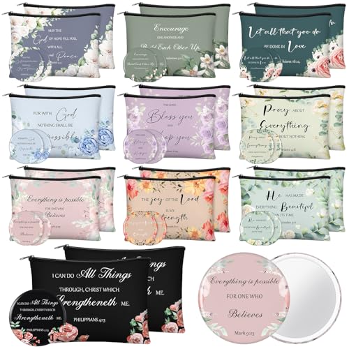 Vintage Christian Gift Set for Women - Religious Gift Bulk with Bible Verse Makeup Bags & Mirrors