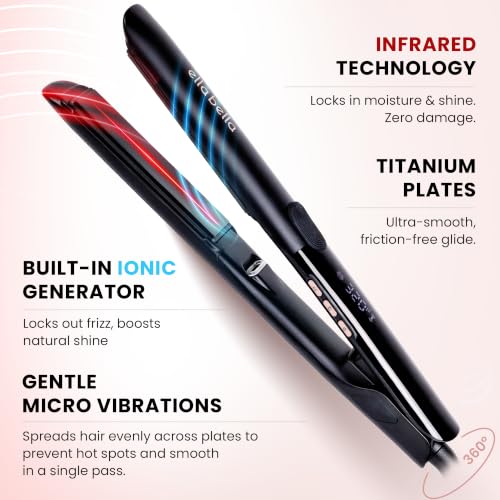 Ella Bella Titanium Flat Iron Hair Straightener with Infrared, Black, 1 Inch Plate