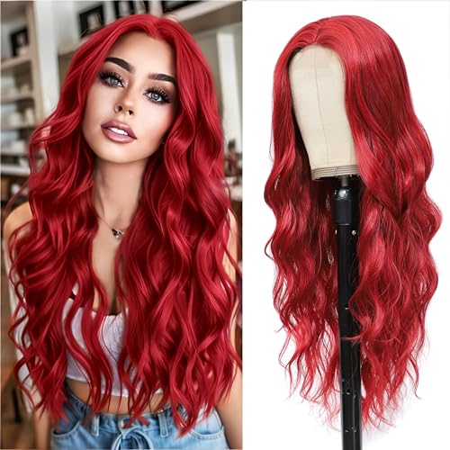 Red Wavy Wig for Women - 26 Inch Long Curly Middle Part Hair - Variation of 26'' / Red