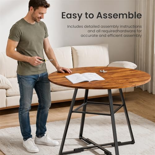 DUMOS Vintage 42-Inch Round Dining Table with Dual-Tier Storage