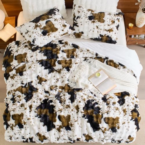 Faux Rabbit Fur Bubble Comforter Set Queen with Cow Print - 3 Pieces