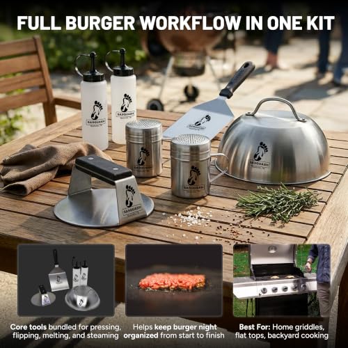 Burger Iron Sasquash 5-Piece Burger Smasher Set Combo - Griddle Kit for Home & Grill Cooking
