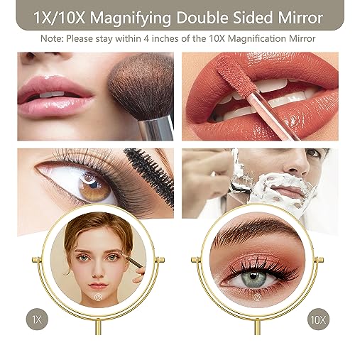 MIROAMZ 8-Inch Lighted Makeup Mirror with 10X Magnification & Adjustable Height - Gold