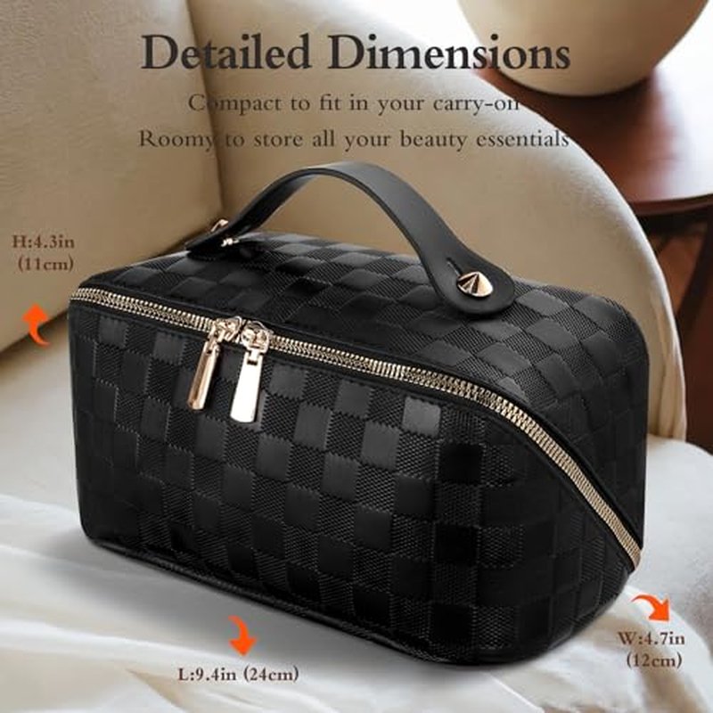 Abiudeng Travel Makeup Bag,Large Capacity Toiletry Bag Cosmetic Bags for Travel Essentials,Waterproof Portable Pouch Open Flat Makeup bag Organizer with Divider and Handle(Checkered-Black)