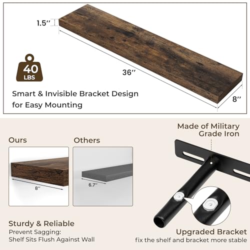 RICHFOCUS 36-Inch Rustic Brown Floating Wall Shelves Set of 2 | Modern Storage & Decor