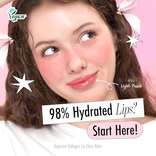 SELF BEAUTY Veganize Collagen Lip Glass Balm | Hydrating Lip Balm in 9 Vibrant Colors | Moisturizing Lip Care Infused with Collagen Jelly Magic | No Animal Trial Lip Balm 0.06 oz (#4 Light Peach)