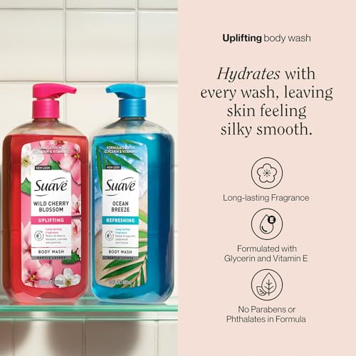 Suave Body Wash 3-Pack - Ocean Breeze & Wild Cherry Blossom, Moisturizing Shower Gel