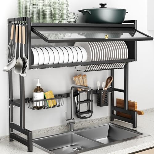 CUISIBOT 37.4in Over-Sink Dish Drying Rack with Lid, 3-Tier Stainless Steel Black