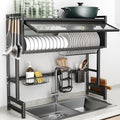 CUISIBOT 37.4in Over-Sink Dish Drying Rack with Lid, 3-Tier Stainless Steel Black