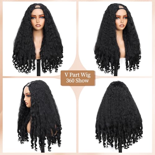Black Afro Curly V Part Wig 24 Inch Synthetic Braided Hair for Natural Black Women Variation of THIS listing