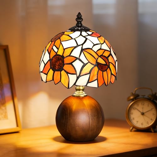 12.2" Retro Sunflower Tiffany Table Lamp with Orange Glass & Wooden Base