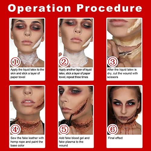 Liquid Latex SFX Makeup Kit, 2.1Oz Latex Liquid with Coagulated Fake Blood Gel, Squirt Blood and Stipple Sponge, Halloween Monster Zombie Clown Makeup for Scald Burn Scar Wound,Cut,Skin Decay