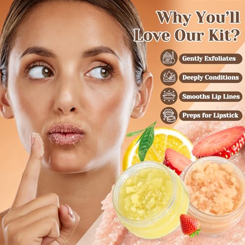 Sugar Lip Scrub Making Kit- 35Pcs Make Your Own Sugar Lip Scrub with Shea Butter, Almond Oil, Essential Oils, Moisturizing and Exfoliating Dry Lip, DIY Organic Lip Care Gifts For Women & Men