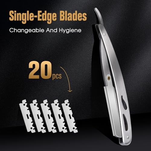 TSMADDTS Professional Straight Razors Kit with Silver Straight Blade Razor, 20-Pack Single Edge Blade, Scissors, Tweezers, Leather Holder