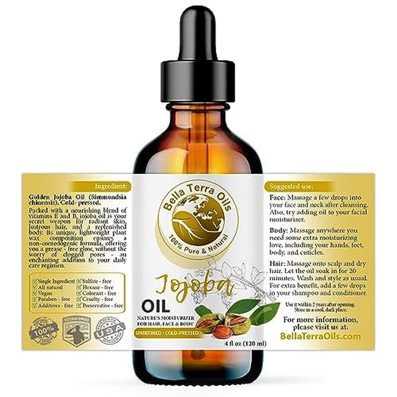 Bella Terra Oils - Organic Jojoba Oil 4oz - Cold-Pressed Excellence, Non-Comedogenic, Bathed in Vitamin C & E, For Those Seeking the Best Oils for Skin