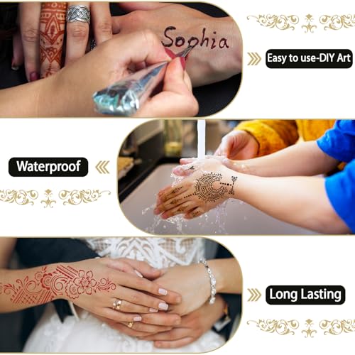 Temporary Stencils Tattoos Kit, 4 Pcs Tattoo Cones 3 Color (2 Black 1 Maroon 1 Cherry Red) with Gloves Brush Tool,DIY Body Art Skin Painting Designs for Women Men Kids Party Gifts