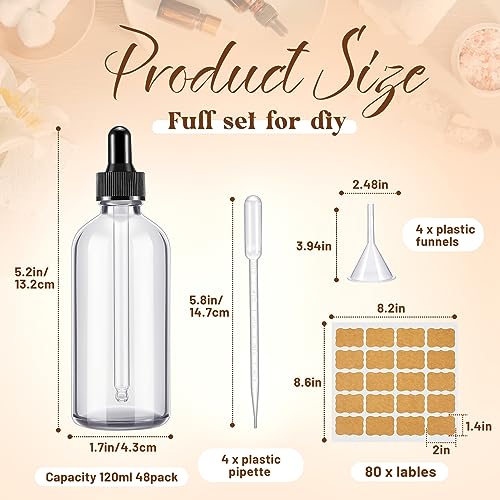 Lallisa 48 Pack Essential Oil Dropper Bottle Glass Dropper Bottles DIY for DIY essential Oil Perfume with Funnels Pipettes Labels for Bathrooms, Hotels, Labs (120 Ml,4 oz,Clear)