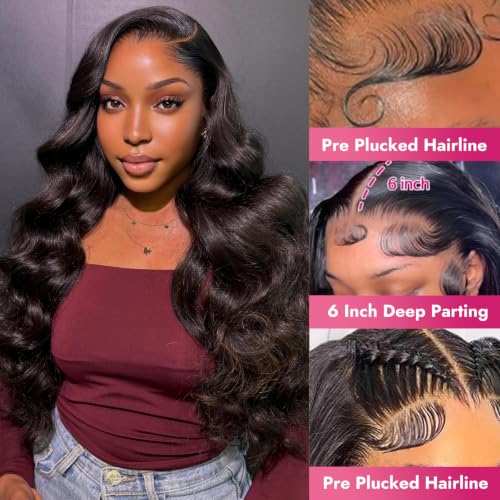 Body Wave Lace Front Wig - Human Hair, Pre Plucked, HD Transparent Lace, 200% Density, 30 Inch, Natural Black