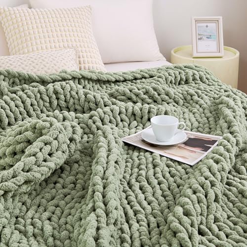 Sage Green Chunky Knit Blanket Throw 60x80 Inches - Cozy Couch Cover