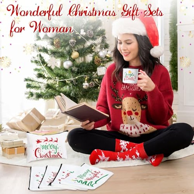 18 Pcs Christmas Gifts Set Merry Xmas Makeup Bags Enamel Mugs Christmas Socks Bulk 2026 Gifts Santa Snowflake Party Favors for Adults Women Coworkers Teacher Xmas Winter Party Supplies Decor