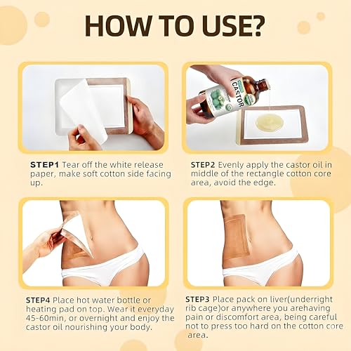 55 Pcs Castor Oil Patches with Organic Cold-Pressed Castor Oil in Glass Bottle for Detox & Targeted Therapy - Multiple Sizes & Styles