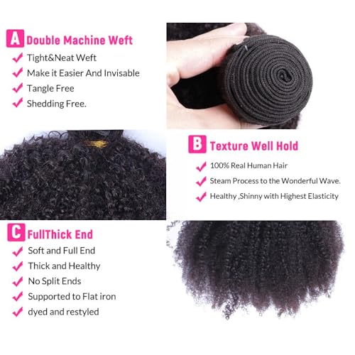 Afro Kinky Curly Hair Bundles 12 14 16 Inch - Natural Color, 3 Bundles with Cap & Eyelashes - Variation of Afro Kinky Curly Bundles 1B/12/14/16 Inch