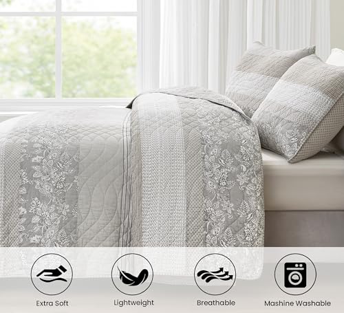 Queen Size Floral Hibiscus Patchwork Quilt Set - Reversible Cotton Bedding