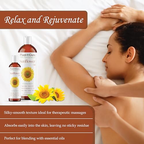 Plant Guru Sunflower Oil 4 fl oz ? Cold?Pressed, 100% Pure & Natural Carrier for Skin, Face, Body, Hair & Cooking. Great for DIY Creams, Lotions, Soaps & Lip Balms.