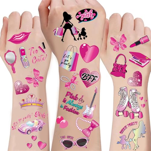 New Updated Pink Temporary Tattoos for Girls - 89+PCS Styles (10 Sheets)| Pink Birthday Decorations Hand Face Tattoo Stickers Party Supplies, Party Favors, Fan Cute, Birthday Party Gift