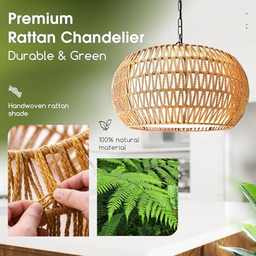 19-Inch Boho Rattan Chandelier with 5 Lights, Farmhouse Pendant Light - Variation of 19 Inch-round-1pc