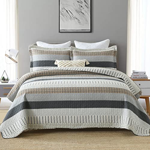 Queen Size Cotton Quilt Set with Reversible Patchwork Bedspread - Farmhouse Lightweight Bedding, 3 Pieces - White, Brown, Grey