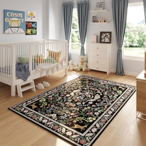Rugcomf 6' x 9' Floral Area Rug – Washable, Non-Slip Backing, Vibrant Black