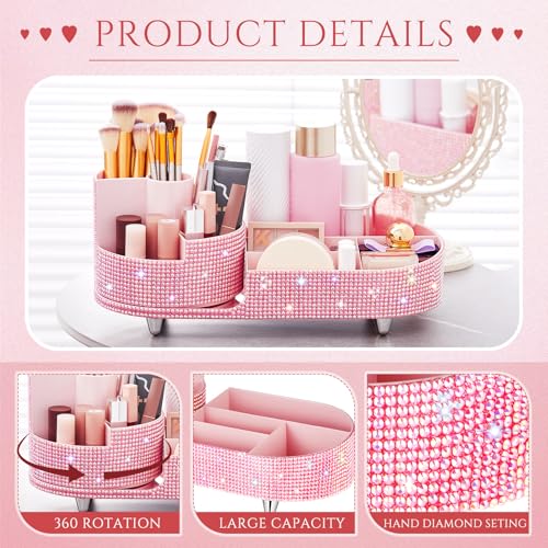 Teen Girls Women Gift 360 Rotating Bling Makeup Organizer Large Rhinestone Diamond Bathroom Organizer Girly Skin Care Brush Holder for Countertop,Bathroom Essentials(Pink,Rhinestone)
