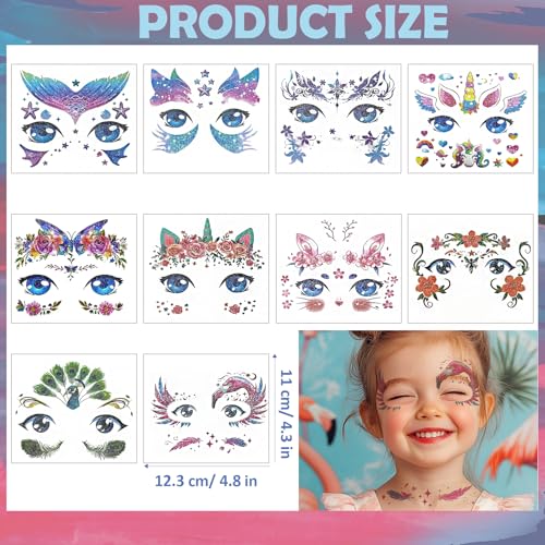 Konsait 10 Sheets Glitter Face Tattoos Animal Fake Tattoos for Girls Face Makeup Tattoo Mermaid Butterfly Temporary Face Tattoo Birthday Halloween Makeup Stickers Party Favors