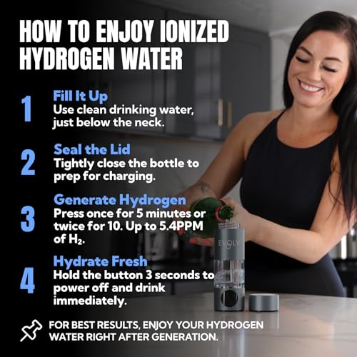 EVOLV Hydrogen Water Bottle - Black Carbon Ionizer, Leak Proof, Safe & Portable