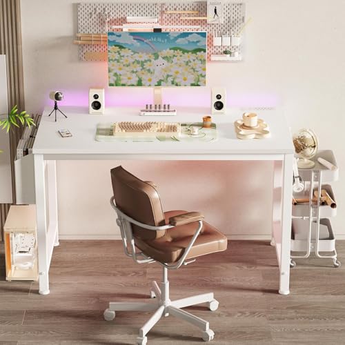 White Computer Desk with Power Outlet and USB Charging Station - 47.2 Inch Teen Study & Gaming Table