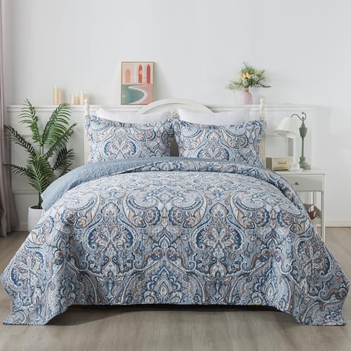 Cotton King Size Reversible Quilt Set with Pillow Shams - Blue Tan Paisley, All Season Bedspread