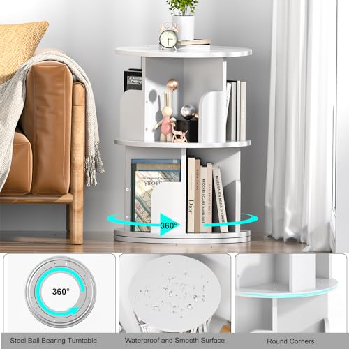 Nidouillet Rotating 2-Tier Round Bookshelf - 360° Swivel Corner Bookcase, Wooden Space-Saving Storage for Living Room & Bedroom, White