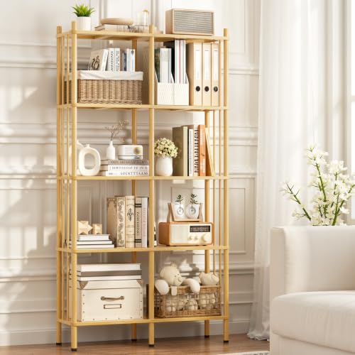 Natural 5-Tier Bamboo Book Shelf - Tall Wide Bookshelf with 10 Adjustable Shelves