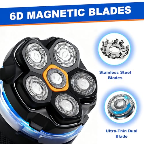 Magnetic 6-Blade Head Shaver Replacement Heads for 6D Electric Razors - Black 4PCS