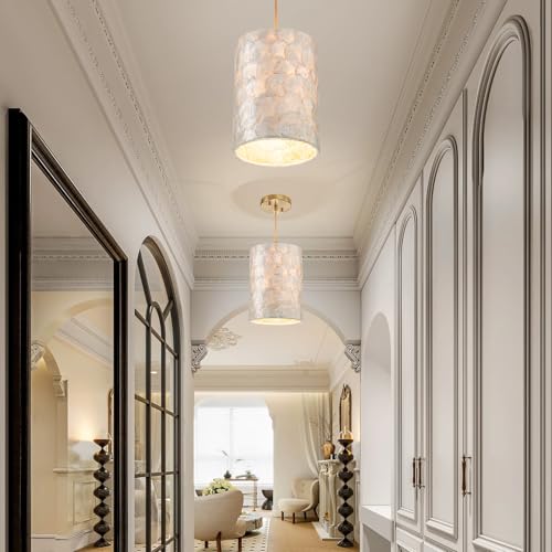 LumFurn D7in Gold Capiz Shell Chandelier - Adjustable Coastal Ceiling Light Fixture