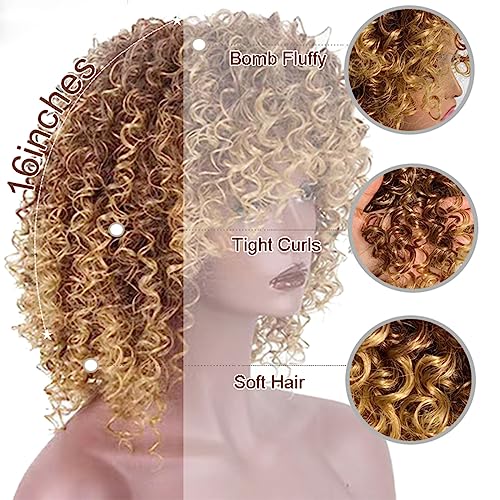 Brown to Blonde Afro Curly Wig for Black Women with Bangs - Synthetic Heat-Resistant Hair, 15 Inch, Adjustable Size