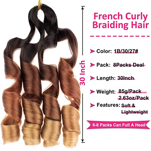 30 Inch French Curly Braiding Hair - 8 Packs Pre-Stretched Synthetic Crochet Extensions - Black/30/27# Variation