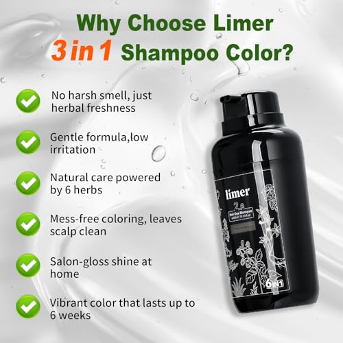Limer Hair Dye Shampoo, Dark Brown 6-in-1 Natural Herbal Hair Color Shampoo, Semi-Permanent Gray Coverage with Pleasant Scent, Ammonia-Free Formula for Women & Men (460ml/15.55fl oz)