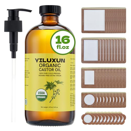 16oz Organic Castor Oil Pack Wrap with 50 Patches & Glass Bottle - Cold Pressed, Unrefined, Skin-Friendly