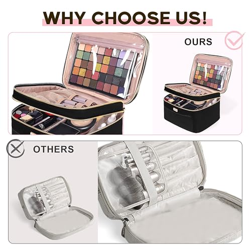 Large Travel Makeup Bag with Multiple Compartments and Brush Holder