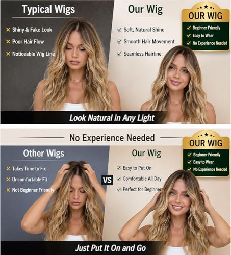 HMHIFI 26 Inch Long Wavy Curly Blonde Wig with Middle Part - Brown Ombre